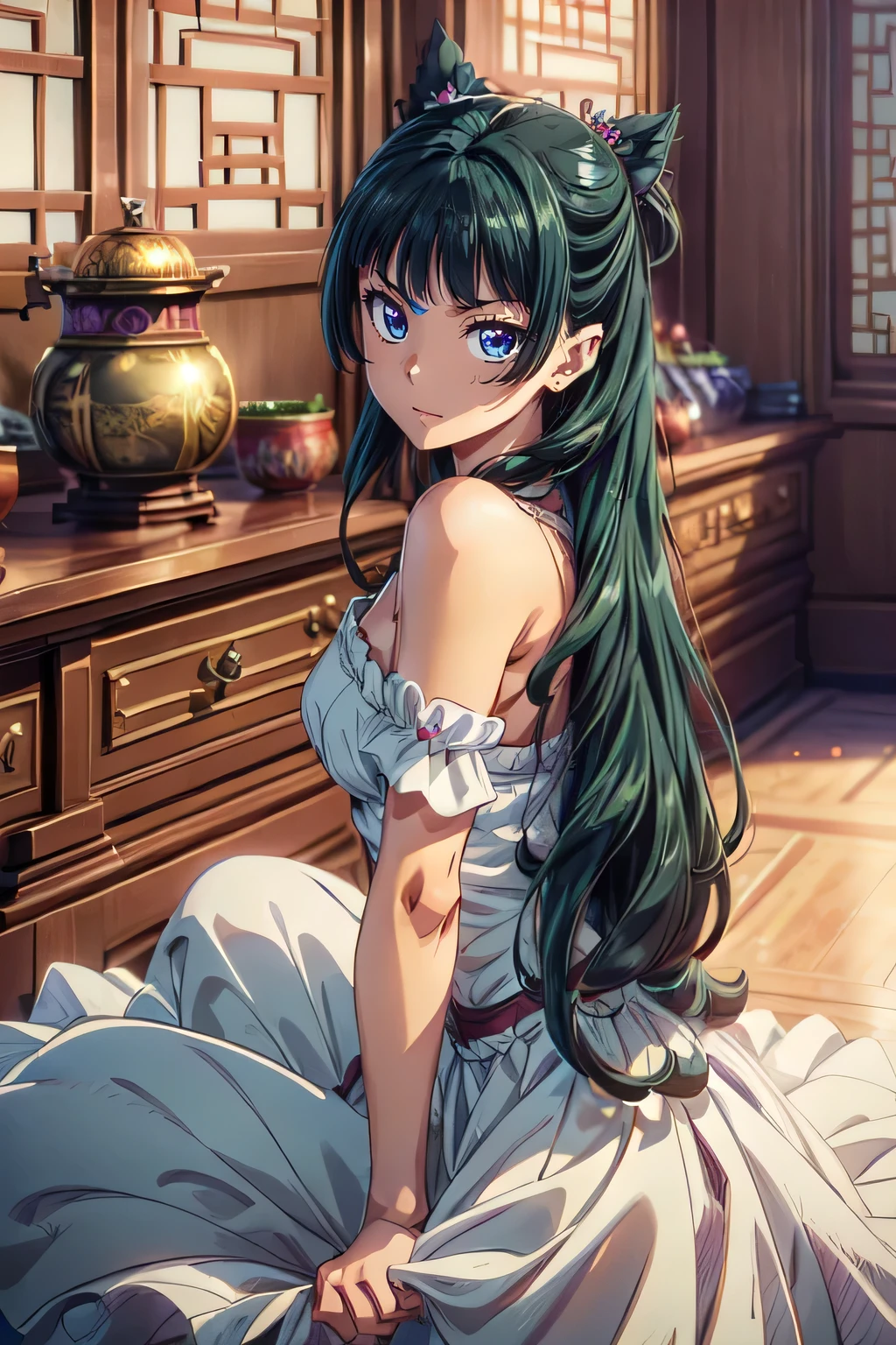 (Masterpiece, High Quality, Top quality, High-Detailed, Detailed CG, Cinematic Shadow, Cinematic Scene, Beautiful Detailed Eyes, Ultra Resolution, Depth of Field, High Resolution, Masterpiece: 1.2), Anime art style, Very detailed, Dynamic Angle, Teen Style, Detailed Green Hair, Detailed Blue Eyes, Slim Body, Cat Ear, Sparkling Eyes, Hair Accessory, Earrings, Slightly Blunt Bangs, Looking at the Audience, (Blush Expression:1.2), (Angry Expression:1.2), (Dark Green Hair), Purple Eye, Five Fingers, Good Composition, Arms, Thighs, Medium Breasts, Medium Size Breasts, Blur Background, Chinese Architectures