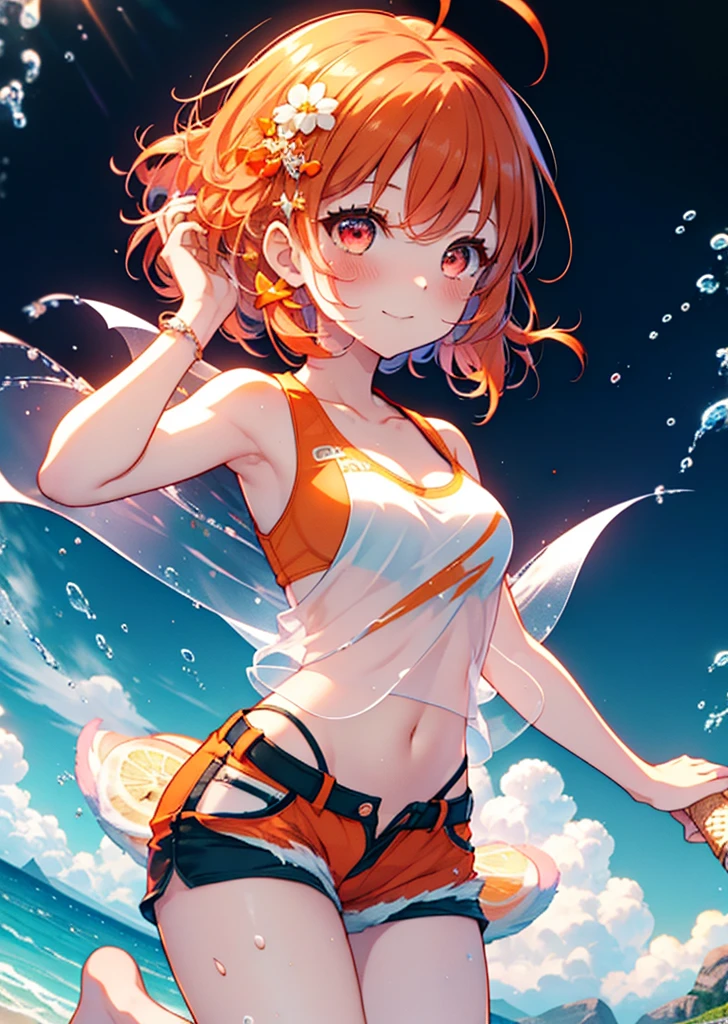 Takahai Chige,Orange Hair,Red eyes,smile,blush,Open your mouth,Long Hair,Ahoge,Orange tank top,Shorts,barefoot,Holding and eating ice cream with both hands,Sitting on the sofa,Daytime,Clear skies,　　　　　　　　　　　　　　　break indoors, room, 　　　　　　　　　　　　　break looking at viewer, whole body, (Cowboy Shot:1. 5)　　　　　　　　　　　　　　　　　　break (masterpiece:1.2), Highest quality, High resolution, unity 8k wallpaper, (shape:0.8), (Beautiful attention to detail:1.6), Highly detailed face, Perfect lighting, Extremely detailed CG, (Perfect hands, Perfect Anatomy),