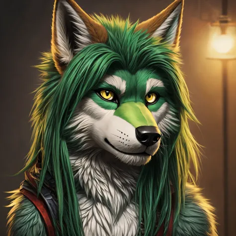 anthro green wolf with fur, man furry detailed fur long fur long hair realistic fur digital art, araffe with green hair and yell...