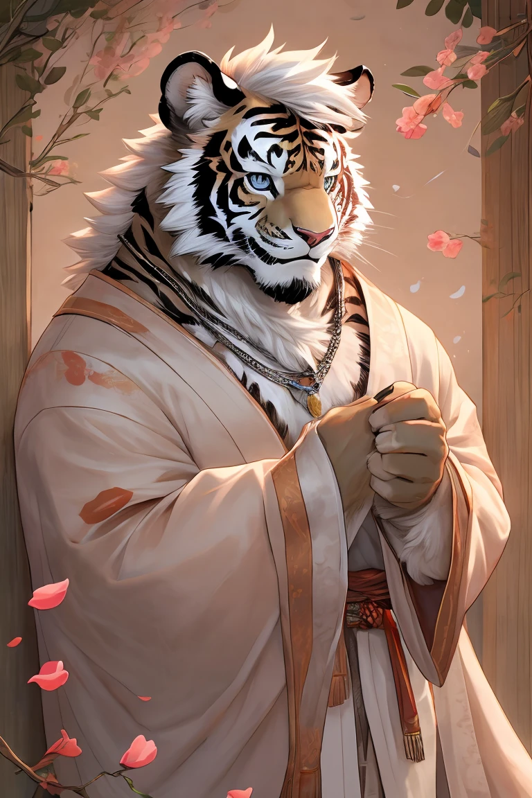 White fur,black strips,white tiger,medium height,Thin body type,Peach Blossom,White hair,Silver necklace,white tiger Orc,short hair,Smile,Solid wood house background,Croak,Peach Blossom Petals,male,Blue eyes,White robe,Peach Blossom Opens,Exquisite eyes,White Tiger