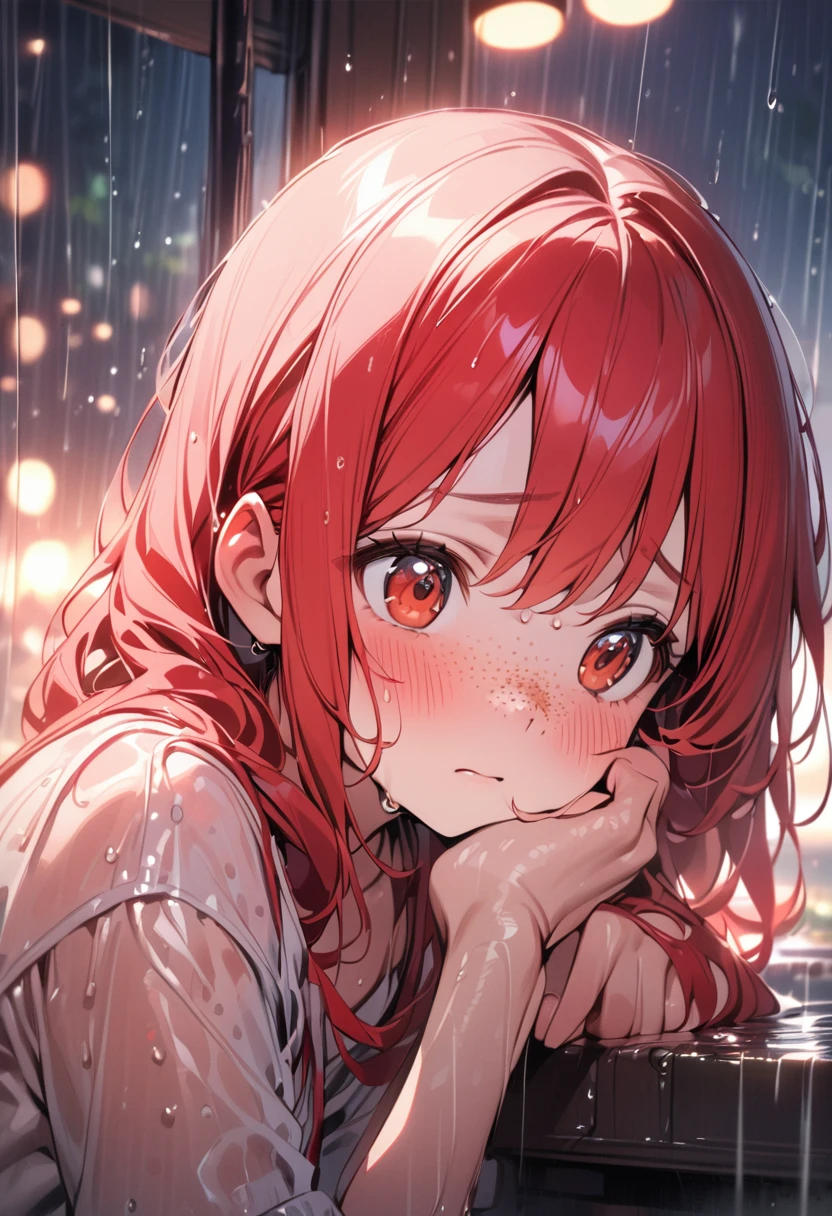 young girl red hair, freckles, big eyes, shy, blush, wet, rain, transparent, (masterpiece, Best quality), soft light, Cinematic composition, cinematic light