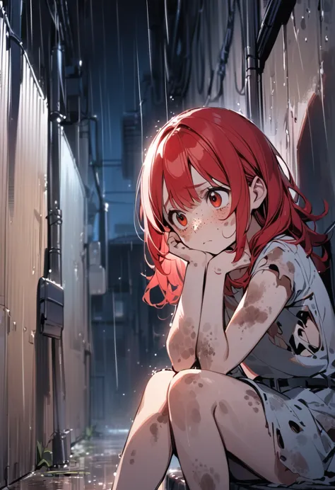 young girl red hair, freckles, big eyes, shy, sitting in an alley, in dirty and torn clothes, sad face, under rain, at night