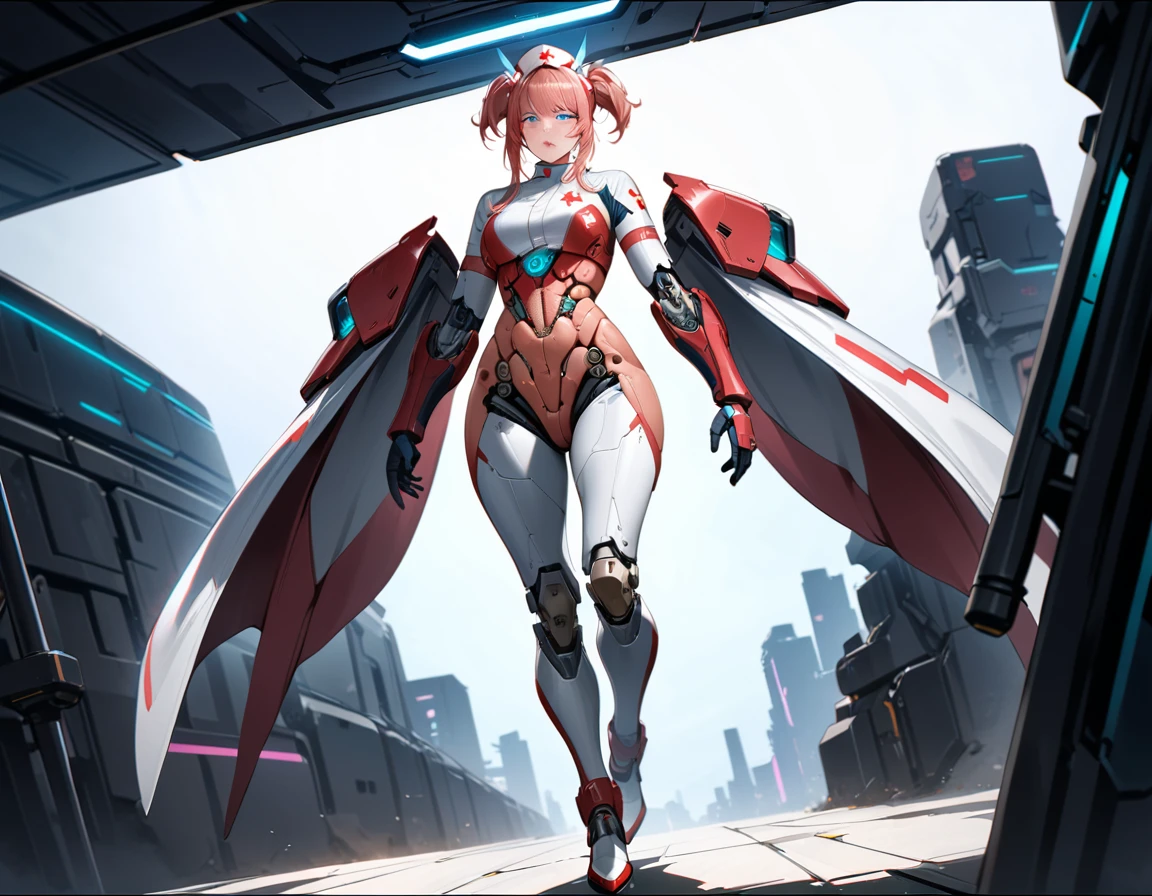 a picture of mech nurse in a futuristic hospital, exquisite beautiful nurse,  dynamic hair style, ((full body shot: 1.5)), ((anatomically correct: 1.5)), (ultra detailed face: 1.2), best detailed face, wearing white nurse robes, white pants, white high heels, delicate mechanical parts, she holds a syringe, cyberpunk hospital background, vibrant, Hyperrealism style, vibrant, Ultra-high resolution, High Contrast, (masterpiece:1.5), highest quality, Best aesthetics), best details, best quality, highres, ultra wide angle, 16k, [ultra detailed], masterpiece, best quality, (extremely detailed) RAW, 