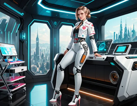 a picture of mech nurse in a futuristic hospital, exquisite beautiful nurse,  dynamic hair style, ((full body shot: 1.5)), ((ana...