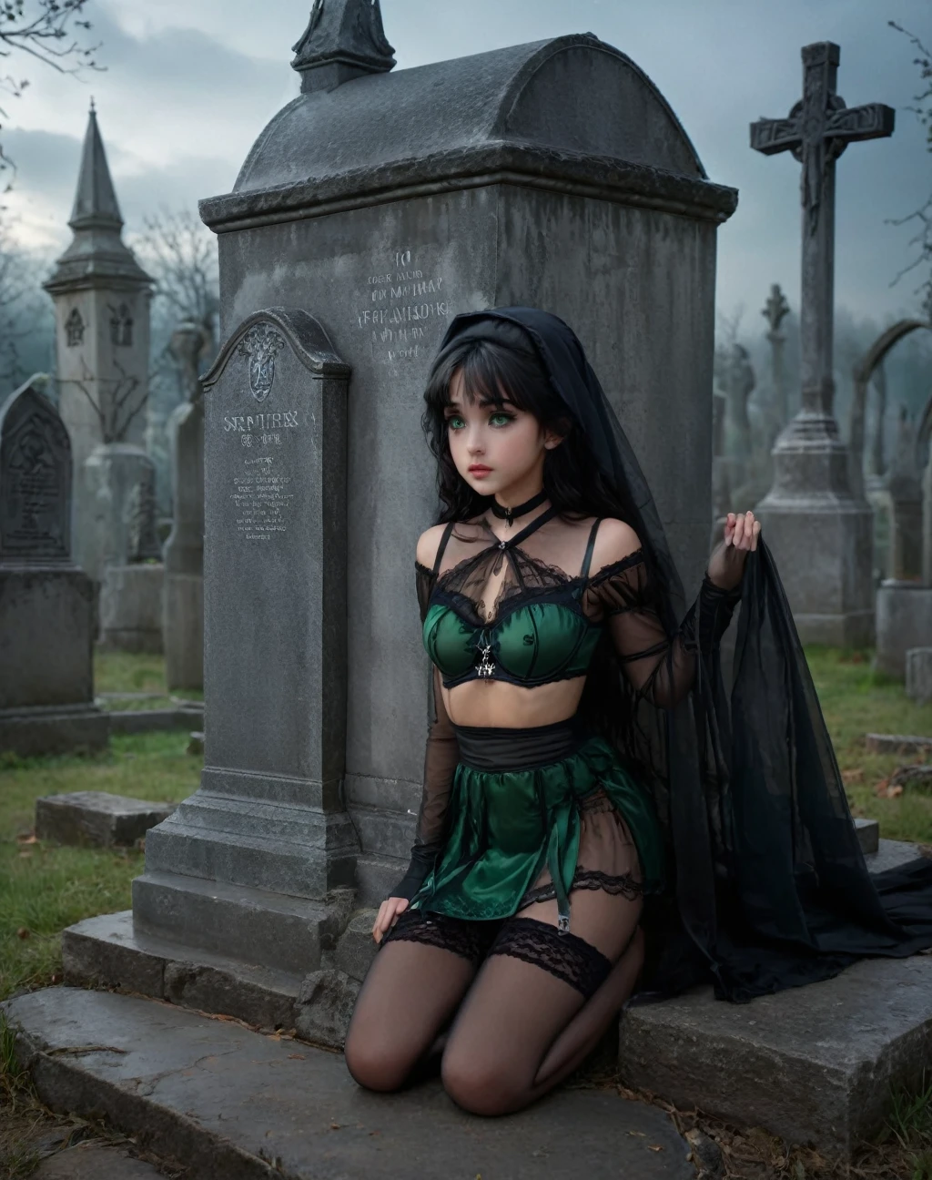 a beautiful girl 10 year old girl underwear, daughter of severus snape ,Black hair , green eyes , wearing a black veil and mourning clothes, kneeling by a tombstone, eyes closed in prayer, serene expression, peaceful cemetery landscape with cross, (best quality,4k,8k,highres,masterpiece:1.2),ultra-detailed,(realistic,photorealistic,photo-realistic:1.37),HDR,UHD,studio lighting,ultra-fine painting,sharp focus,physically-based rendering,extreme detail description,professional,vivid colors,bokeh,portrait,landscape,somber,melancholic,moody,dramatic lighting,soft colors,cinematic