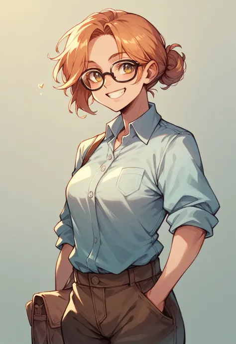 1 girl, cowboy shot, Class, smile, Glasses, I&#39;ll leave you alone_let&#39;s go to, purple eyes, purple hair, short hair, bang...