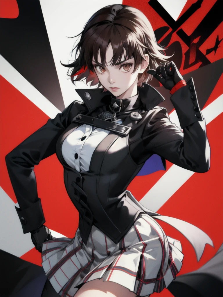 Makoto a court, cheveux châtain foncé et yeux marron. On la voit généralement dans son uniforme de l&#39;Académie Shujin., qui consiste en une blouse blanche, une jupe à carreaux, et un blazer noir. Dans le métavers, sa tenue Phantom Thief est plus distinctive, ressemblant à un costume de motard noir avec des gants rouges, lui donnant un air dur et rebelle. coloré.