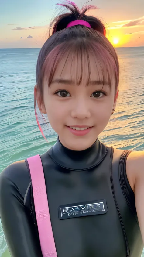 ｟ponytail｠、Take a selfie from the front、Masterpiece（Close-up shot 1.5）、looking at the camera、Mid-chest、(dark　skin1.5)、19 years old、Bright pink hair、Black hair mesh、With bangs、Cute smile、（Wetsuit）、Hawaii、sunset、Wet Hair、