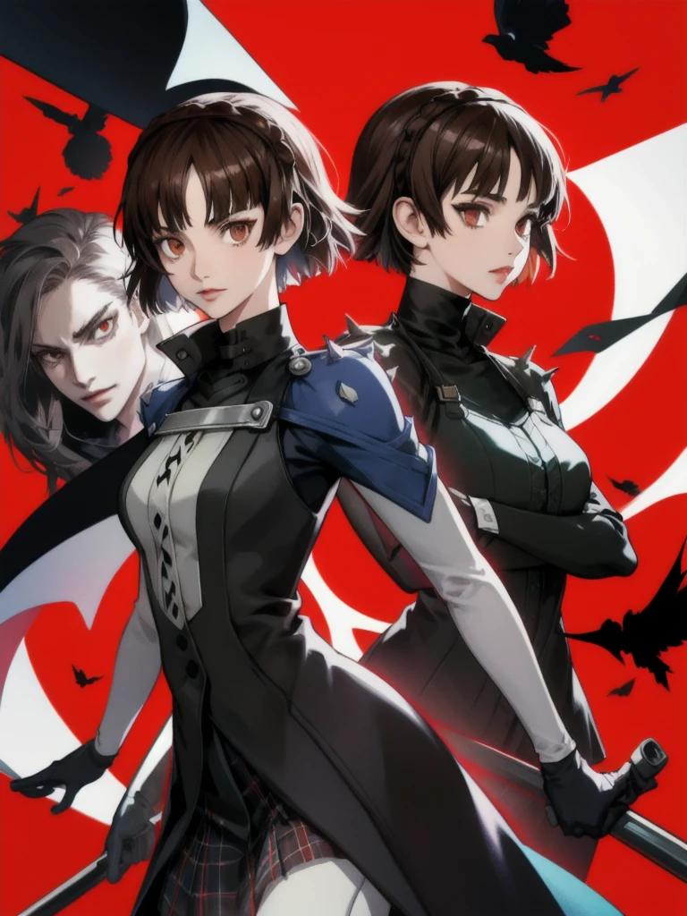 Makoto has short, dark brown hair and brown eyes. She is usually seen in her Shujin Academy uniform, which consists of a white blouse, a plaid skirt, and a black blazer. In the Metaverse, her Phantom Thief outfit is more distinctive, resembling a black biker suit with red gloves, giving her a tough and rebellious look. A Colourful Red background