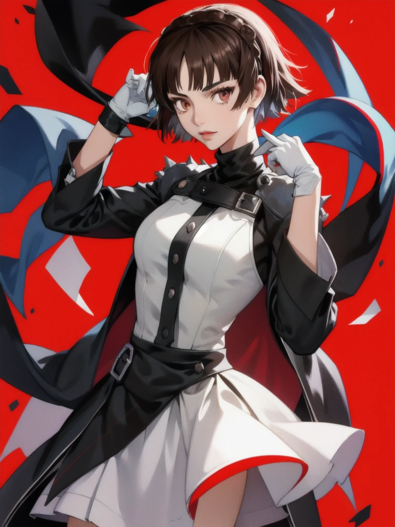 1girl. Makoto has short, dark brown hair and brown eyes. She is usually seen in her Shujin Academy uniform, which consists of a white blouse, a plaid skirt, and a black blazer. In the Metaverse, her Phantom Thief outfit is more distinctive, resembling a black biker suit with red gloves, giving her a tough and rebellious look. A Colourful Red background