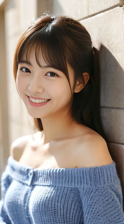 masterpiece,best quality,(Japanese girl),((Beautiful girl)),cleavage,(off shoulder:1.2),(perfect body beauty:1.2),(shy smile),beautiful teeth,From slightly above