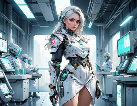 a picture of mech nurse in a futuristic hospital, exquisite beautiful nurse,  dynamic hair style, ((full body shot: 1.5)), ((ana...