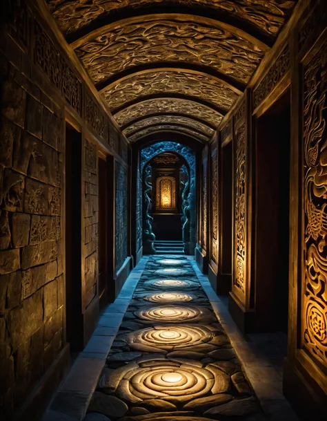 A dimly lit stone corridor with intricate dragon carvings on the walls. About 20 feet down, a shimmering, translucent barrier st...