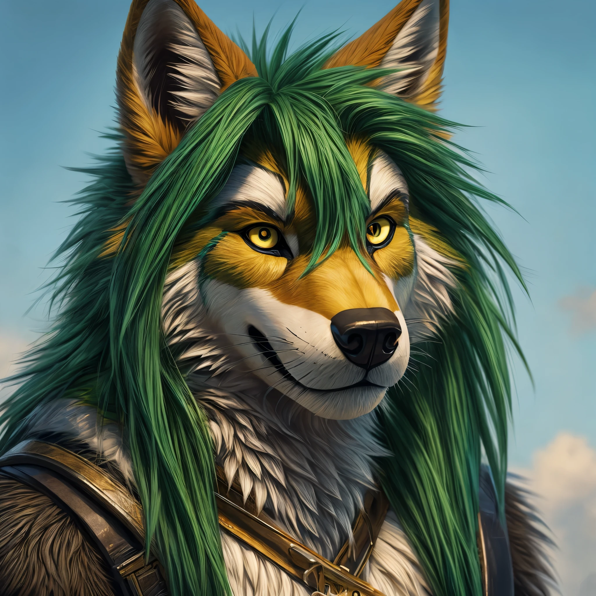 anthro green wolf with fur, man furry detailed fur long fur long hair realistic fur digital art, araffe with green hair and yellow eyes, headshot of young male furry, fursuit, furry fursona, furry character portrait, fursuit!!!!, pov furry art, furry artist, furry character, fursona!!!!, furry shot, holo is a wolf man, portrait of an anthro wolf, handsome weasel fursona portrait
