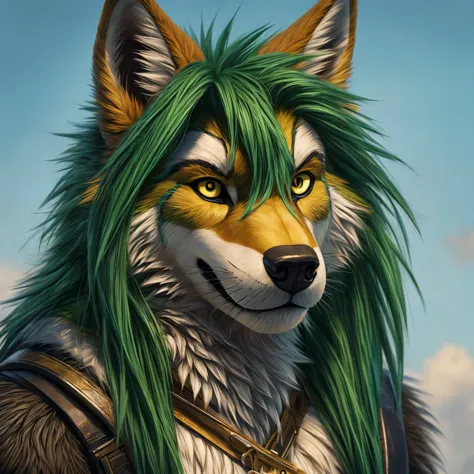 anthro green wolf with fur, man furry detailed fur long fur long hair realistic fur digital art, araffe with green hair and yell...