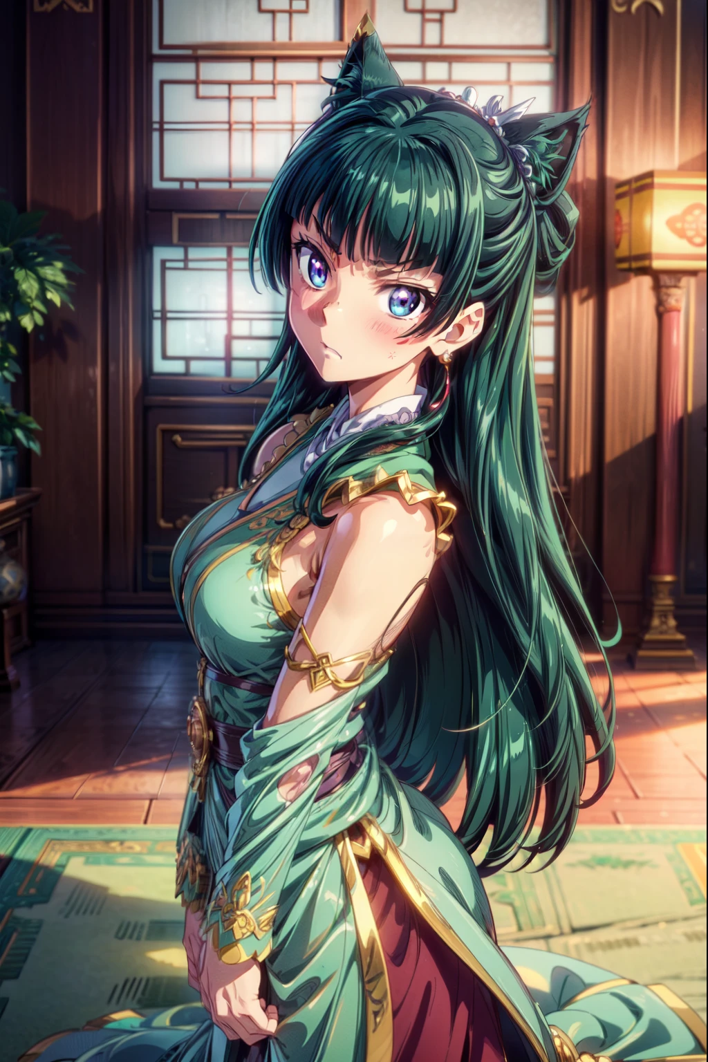 (Masterpiece, High Quality, Top quality, High-Detailed, Detailed CG, Cinematic Shadow, Cinematic Scene, Beautiful Detailed Eyes, Ultra Resolution, Depth of Field, High Resolution, Masterpiece: 1.2), Anime art style, Very detailed, Dynamic Angle, Teen Style, Detailed Green Hair, Detailed Blue Eyes, Slim Body, Cat Ear, Sparkling Eyes, Hair Accessory, Earrings, Slightly Blunt Bangs, Looking at the Audience, (Blush Expression:1.2), (Angry Expression:1.2), (Dark Green Hair), Purple Eye, Five Fingers, Good Composition, Arms, Thighs, Medium Breasts, Medium Size Breasts, Blur Background, Chinese Architectures