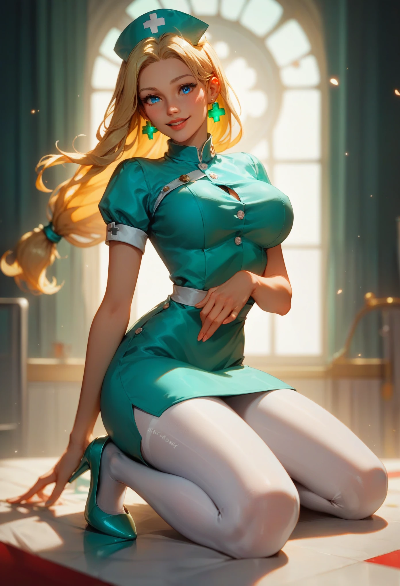 score_9, score_8_up, score_7_up, source_cartoon, looking at viewer, hourglass figure, face focus, 1 girl, solo girl, pretty face, cute girl, large breasts, blond hair, long hair low tied, blue eyes, infirmary kneeling, whole body shot, kind smile, parted lips, hud_nrse_vintg, white nurse cap, white pantyhose, mint green dress, white buttons, short sleeves, jewelry, earrings, breasts, mint green high heels,