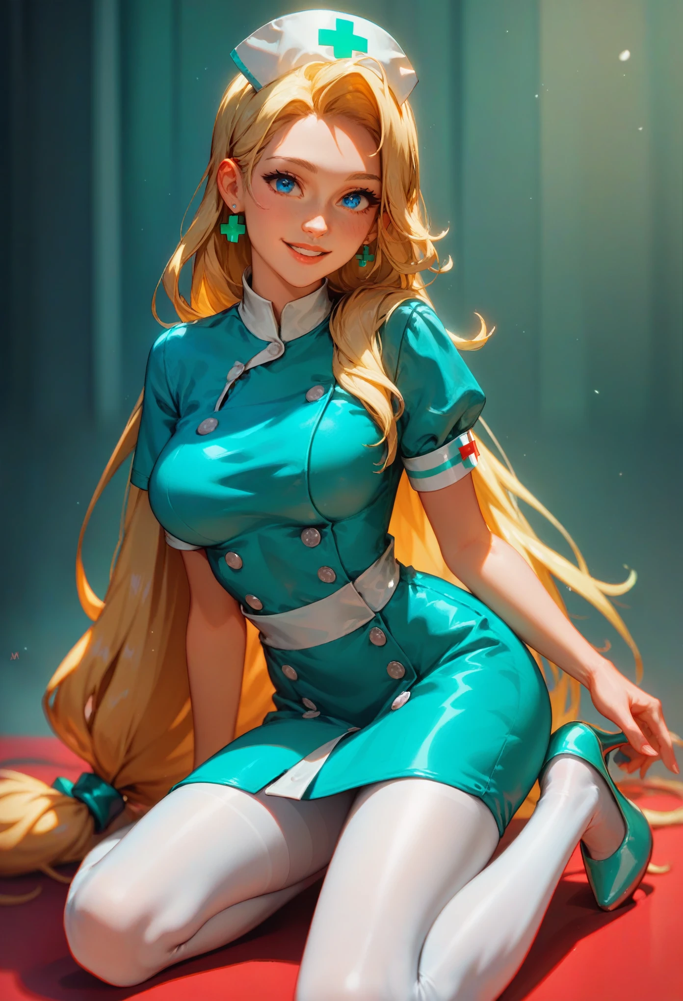 score_9, score_8_up, score_7_up, source_cartoon, looking at viewer, hourglass figure, face focus, 1 girl, solo girl, pretty face, cute girl, large breasts, blond hair, long hair low tied, blue eyes, infirmary kneeling, whole body shot, kind smile, parted lips, hud_nrse_vintg, white nurse cap, white pantyhose, mint green dress, white buttons, short sleeves, jewelry, earrings, breasts, mint green high heels,