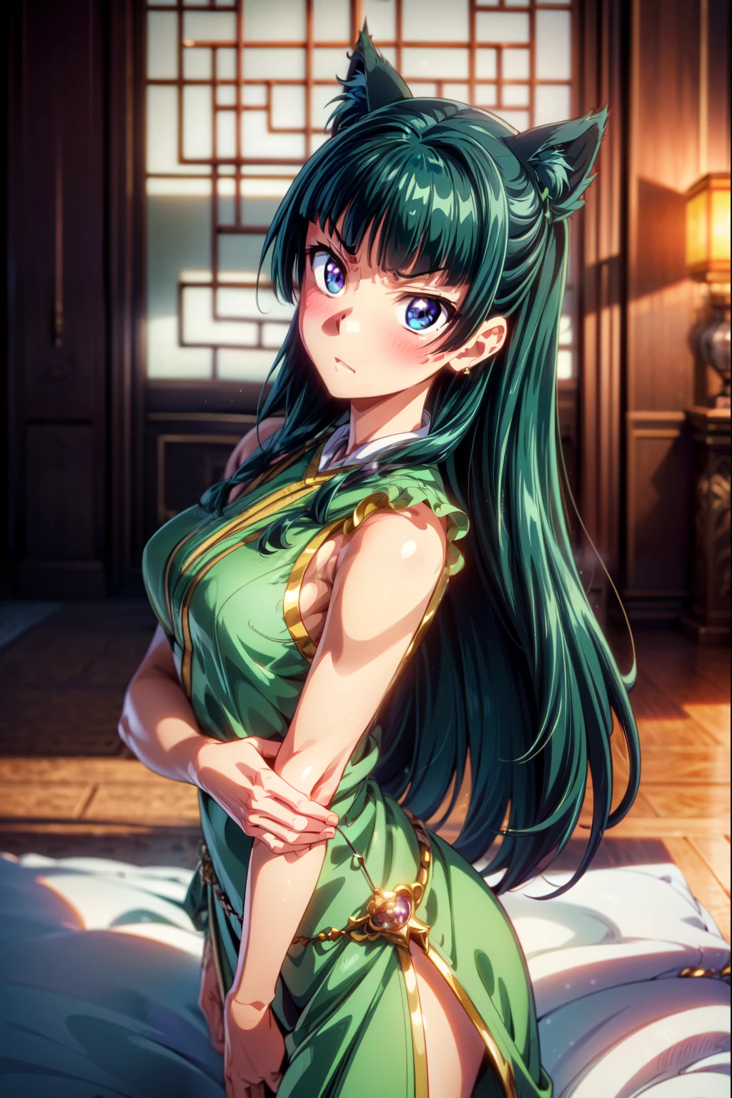 (Masterpiece, High Quality, Top quality, High-Detailed, Detailed CG, Cinematic Shadow, Cinematic Scene, Beautiful Detailed Eyes, Ultra Resolution, Depth of Field, High Resolution, Masterpiece: 1.2), Anime art style, Very detailed, Dynamic Angle, Teen Style, Detailed Green Hair, Detailed Blue Eyes, Slim Body, Cat Ear, Sparkling Eyes, Hair Accessory, Earrings, Slightly Blunt Bangs, Looking at the Audience, (Blush Expression:1.2), (Angry Expression:1.2), (Dark Green Hair), Purple Eye, Five Fingers, Good Composition, Arms, Thighs, Medium Breasts, Medium Size Breasts, Blur Background, Chinese Architectures