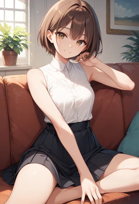 solo, straight hair, short hair, brown hair, brown eyes, white shirt, sleeveless, black skirt, sitting, sofa, indoors, looking a...