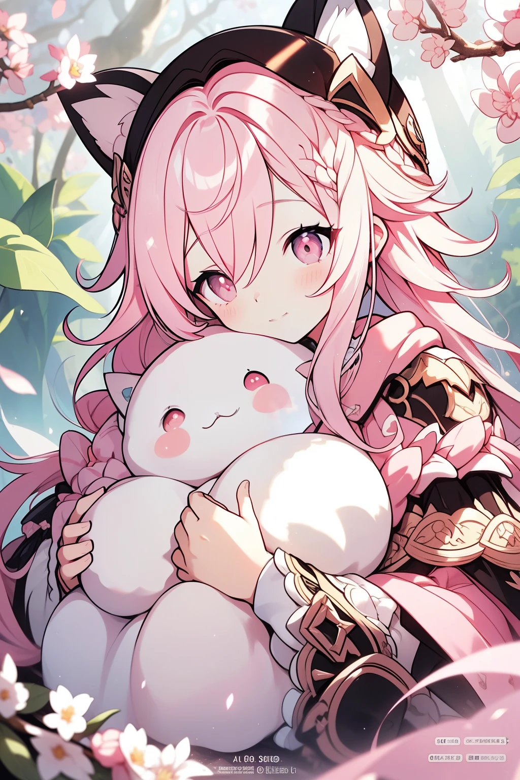 In an enchanting animie-style depiction, a delightful little white bat with fluffy pink hair and radiant pink glowing eyes is perched. Its long, alluring black and pink tail adds a charming touch to this adorable creature. Basking in the affectionate rays of sunlight that filter through the cherry blossom tree canopy above, the cat seems to be lost in thought, nestled comfortably under the tree's lush branches. The rays of sunlight create a halo-like effect, illuminating the tranquil scene and filling it with a warm, serene glow.