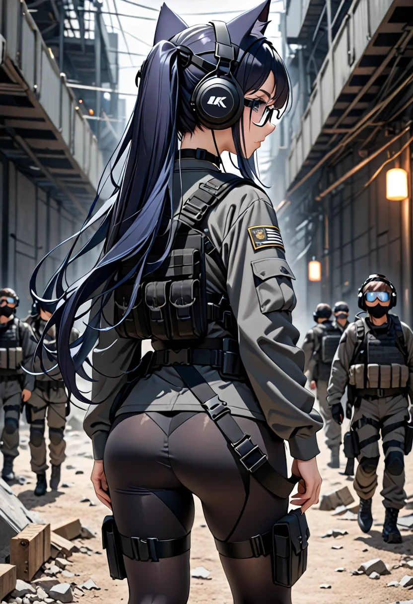 8K Ultra High-Quality, ultra-detailed, High quality, Dark Blue hair, Long hair, Headset, Goggles, cat girl, Grey Tactical clothes, Military clothes, black spandex under clothes, body harness, Looking at viewer, choker, glasses, full body, close up, back view, facing away from viewer