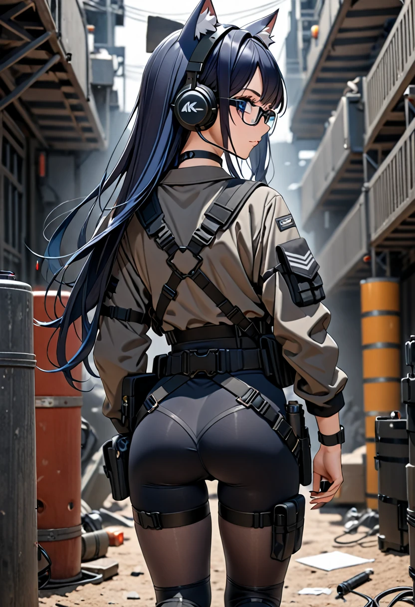 8K Ultra High-Quality, ultra-detailed, High quality, Dark Blue hair, Long hair, Headset, Goggles, cat girl, Grey Tactical clothes, Military clothes, black spandex under clothes, body harness, Looking at viewer, choker, glasses, full body, close up, back view, facing away from viewer