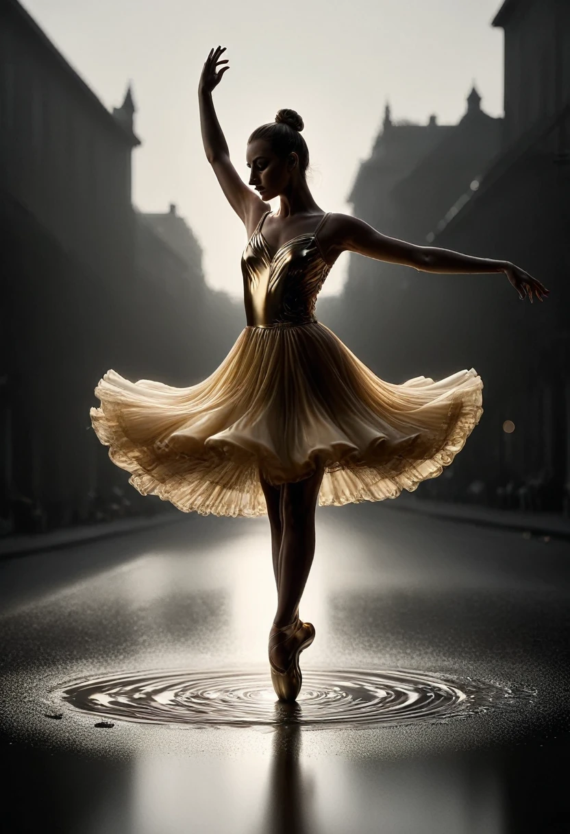 (mercure composé d'une ballerine : 1.8) rising from a puddle of liquid mercury, extremely shiny and smooth surface texture, surface polie, reflective, angle de 45 degrés par rapport à l'avant, classical dance pose, Danser sous une pluie de mercure, goute de mercure, masterpiece, best quality, 1fille, bare, Delicate face, white skinned woman, Silhouette transparente, golden dress, tout le corps,Outside,shadowy,Blurred background, Dé-focalisation de l'arrière-plan 