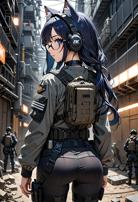 8k ultra high-quality, ultra-detailed, high quality, dark blue hair, long hair, headset, goggles, cat girl, grey tactical clothe...