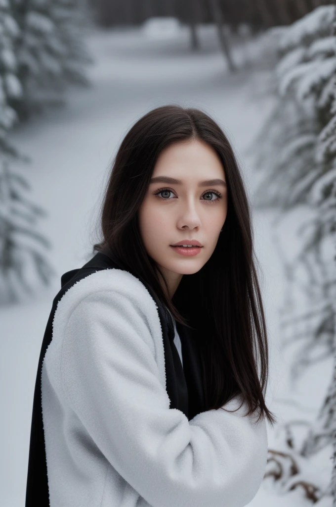 eliza1,1girl, solo, (realistic),(hyperrealism),(best quality),(masterpiece),(ultra high res),(photorealistic),(film grain),(upper body), eye makeup,detailed eyes,detailed face,black jacket, posing for a photo, outside winter 