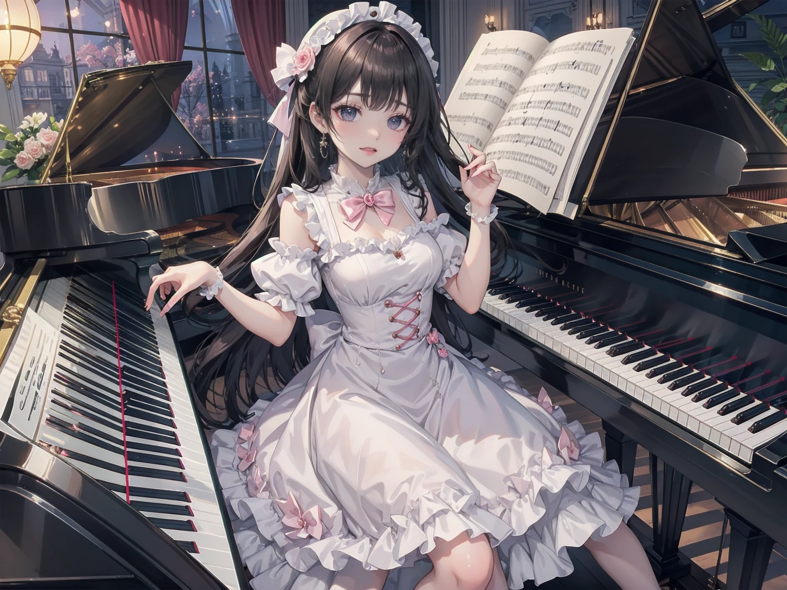 hermosa chica、moe、linda apariencia、ropa muy linda、Delicado vestido lolita rosa、sonrisa、un piano de cola、Tocar el piano、CLÁSICO、Clases de Música