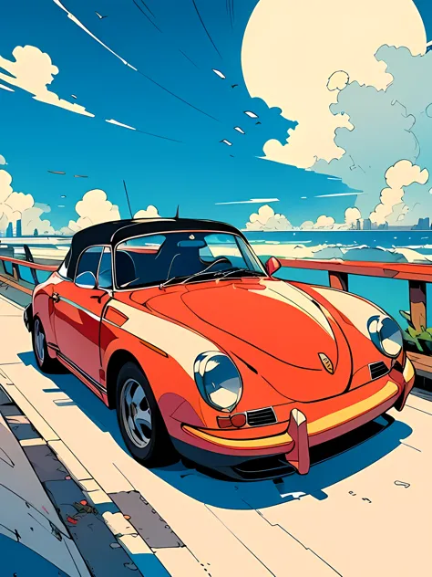 Graphic design, Drawn with clear lines, EIZIN SUZUKI art style, City Pop Style, Blue sky and white clouds, Ligne Claire, Flowing Thick lines, Red Porsche 356 Speedster, Minimalist Geometry, No humans, fine line drawing, Line art, Illustration, Vivid highly saturated colors, 