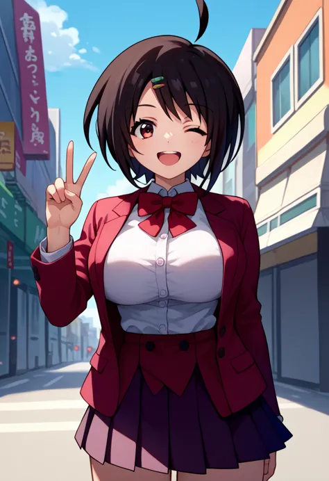 score_9, score_8_up, score_7_up, score_6_up, source_anime, 1girl, solo,sakutomo, black hair, short hair, ahoge, hairclip, maroon...