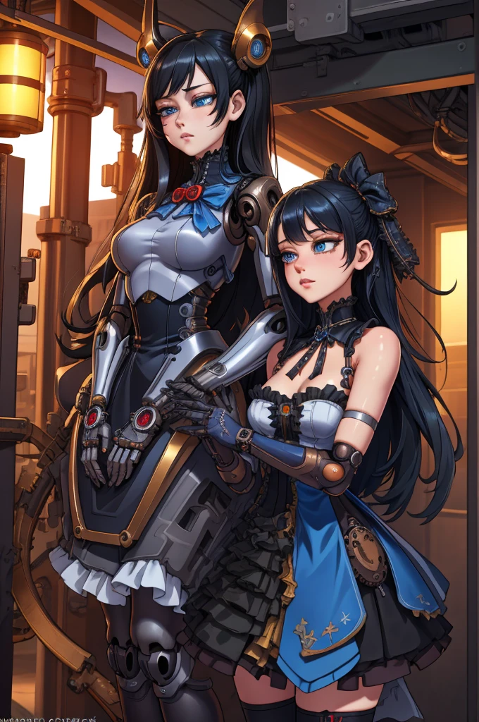 Doll Joints, (extremely detailed CG unity 4k wallpaper),(masterpiece),(best quality),(ultra-detailed),(best illustration),(best shadow),(absurdres),(Detailed background), Gynoid, Hands clasped, LED Blue eyes, Long black hair (Hime), Slim, Steampunk dress, small bust, Robot,