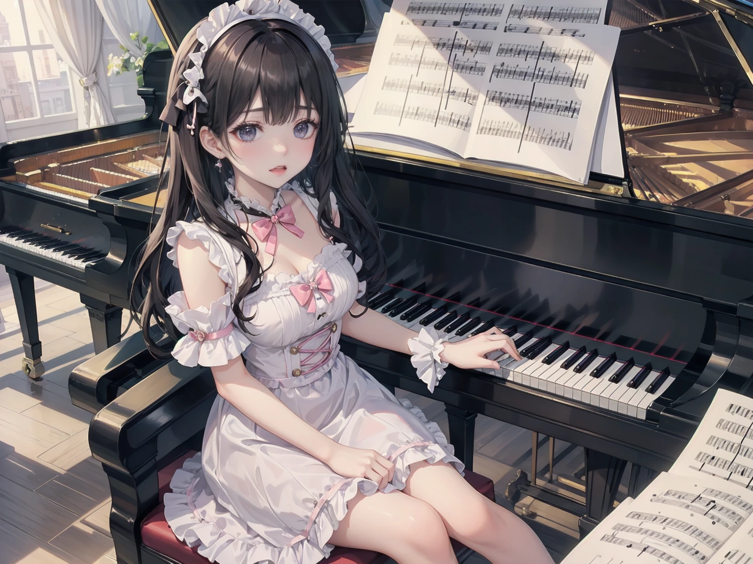 beautiful girl、Moe、Cute appearance、Very cute clothes、Delicate pink lolita dress、Smile、One Grand Piano、large room、Sitting well in a black chair、Piano playing、Classic、Music Classes