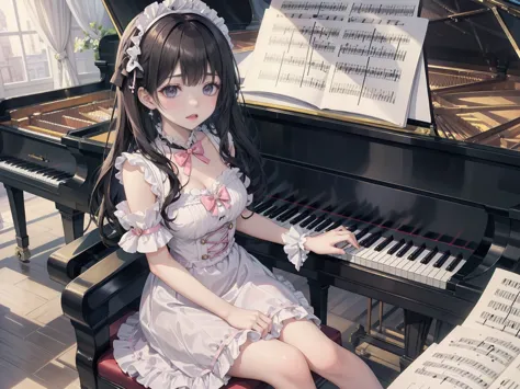 beautiful girl、Moe、Cute appearance、Very cute clothes、Delicate pink lolita dress、Smile、One Grand Piano、large room、Sitting well in...