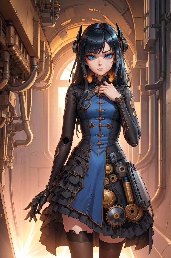 Doll Joints, (extremely detailed CG unity 4k wallpaper),(masterpiece),(best quality),(ultra-detailed),(best illustration),(best shadow),(absurdres),(Detailed background), Android, Hands clasped, Cybernetic Blue eyes, Long black hair (Hime), Slim, Steampunk dress, small bust, metal skin, Standing calmly,