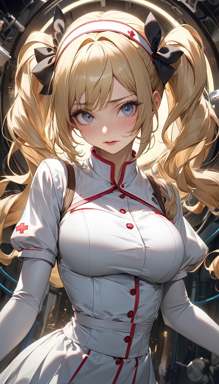 mad scientist, 8k resolution, masterpiece, Highest quality, Award-winning works, unrealistic, Sexy Womanだけ, healthy body, Age 25, White wavy long hair, hair band, Large, firm, swaying bust, Crazy Nurse, A terrifying sight, fear, Very detailed, Digital Painting, artステーション, コンセプトart, Smooth, Sharp focus, shape, artジャム、Greg Rutkowski、Alphonse Mucha、William Adolphe Bouguereau、art：Stephanie Law , operating room, Royal Jewel, nature, Full Shot, Symmetric, Greg Rutkowski, Charlie Bowwater, beep, Unreal 5, Surreal, Dynamic Lighting, ファンタジーart, Complex色, Horrific scenes, Small face, Very delicate look, Delicate eye depiction, Upper body close-up,, erotic, dynamic sexy pose, Sexy Woman, Healthy body, 24-year-old female, doaxvv_Marie Rose, witch, height: 150cm, big firm bouncing chests, , Very long wavy blonde hair, Twin tails, To flap one&#39;s hair, Glaring at the camera, look up, Creepy Laughter, Complex, Bloody nurse uniform, Tight Skirt, stockings, pumps, Brandishing a scalpel