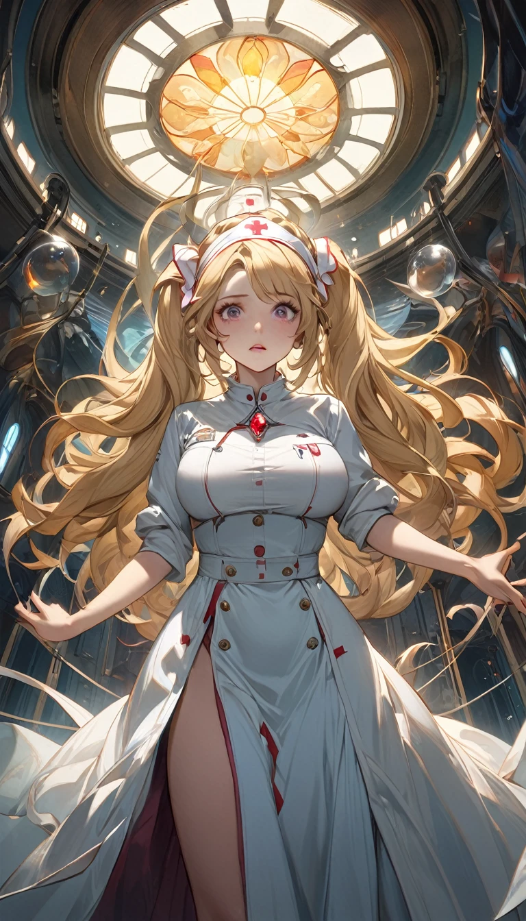 mad scientist, 8k resolution, masterpiece, Highest quality, Award-winning works, unrealistic, Sexy Womanだけ, healthy body, Age 25, White wavy long hair, hair band, Large, firm, swaying bust, Crazy Nurse, A terrifying sight, fear, Very detailed, Digital Painting, artステーション, コンセプトart, Smooth, Sharp focus, shape, artジャム、Greg Rutkowski、Alphonse Mucha、William Adolphe Bouguereau、art：Stephanie Law , operating room, Royal Jewel, nature, Full Shot, Symmetric, Greg Rutkowski, Charlie Bowwater, beep, Unreal 5, Surreal, Dynamic Lighting, ファンタジーart, Complex色, Horrific scenes, Small face, Very delicate look, Delicate eye depiction, Upper body close-up,, erotic, dynamic sexy pose, Sexy Woman, Healthy body, 24-year-old female, doaxvv_Marie Rose, witch, height: 150cm, big firm bouncing chests, , Very long wavy blonde hair, Twin tails, To flap one&#39;s hair, Glaring at the camera, look up, Creepy Laughter, Complex, Bloody nurse uniform, Tight Skirt, stockings, pumps, Brandishing a scalpel