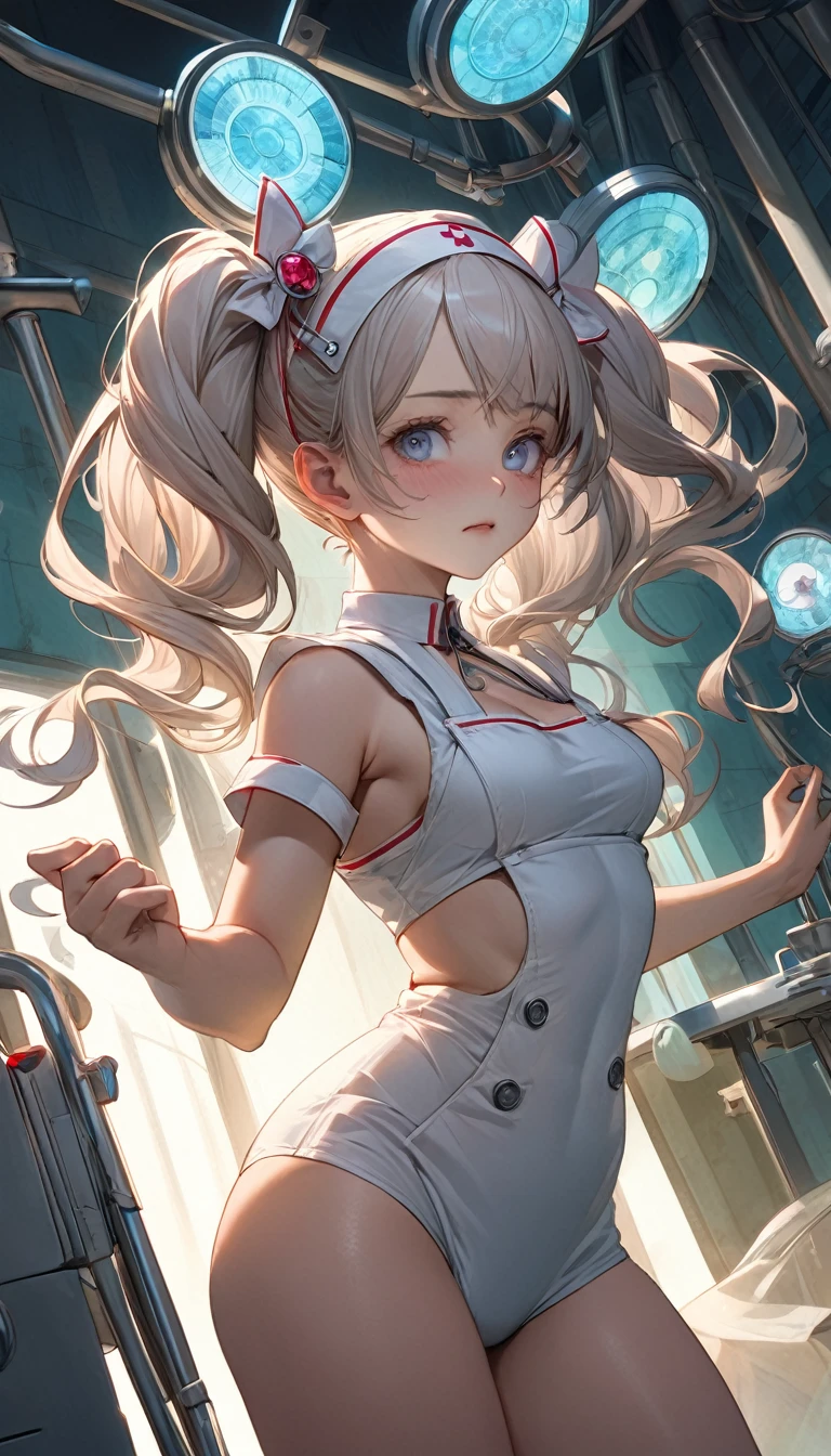 (mad scientist), 8k resolution, masterpiece, Highest quality, Award-winning works, unrealistic, Sexy Womanだけ, healthy body, Age 25, White wavy long hair, hair band, Large, firm, swaying bust, (Crazy Nurse), A terrifying sight, fear, Very detailed, Digital Painting, artステーション, コンセプトart, Smooth, Sharp focus, shape, artジャム、Greg Rutkowski、Alphonse Mucha、William Adolphe Bouguereau、art：Stephanie Law , operating room, Royal Jewel, nature, Full Shot, Symmetric, Greg Rutkowski, Charlie Bowwater, beep, Unreal 5, Surreal, Dynamic Lighting, ファンタジーart, Complex colors, Horrific scenes, Small face, Very delicate look, Delicate eye depiction, Upper body close-up,, erotic, dynamic sexy pose, Sexy Woman, Healthy body, 24-year-old female, doaxvv_Marie Rose, mad nurse, height: 150cm, Twin tails, To flap one&#39;s hair, Glaring at the camera, look up, Creepy Laughter, gone crazy, Bloodshot eyes, Bloody nurse uniform, Tight Skirt, stockings, pumps, Brandishing a scalpel