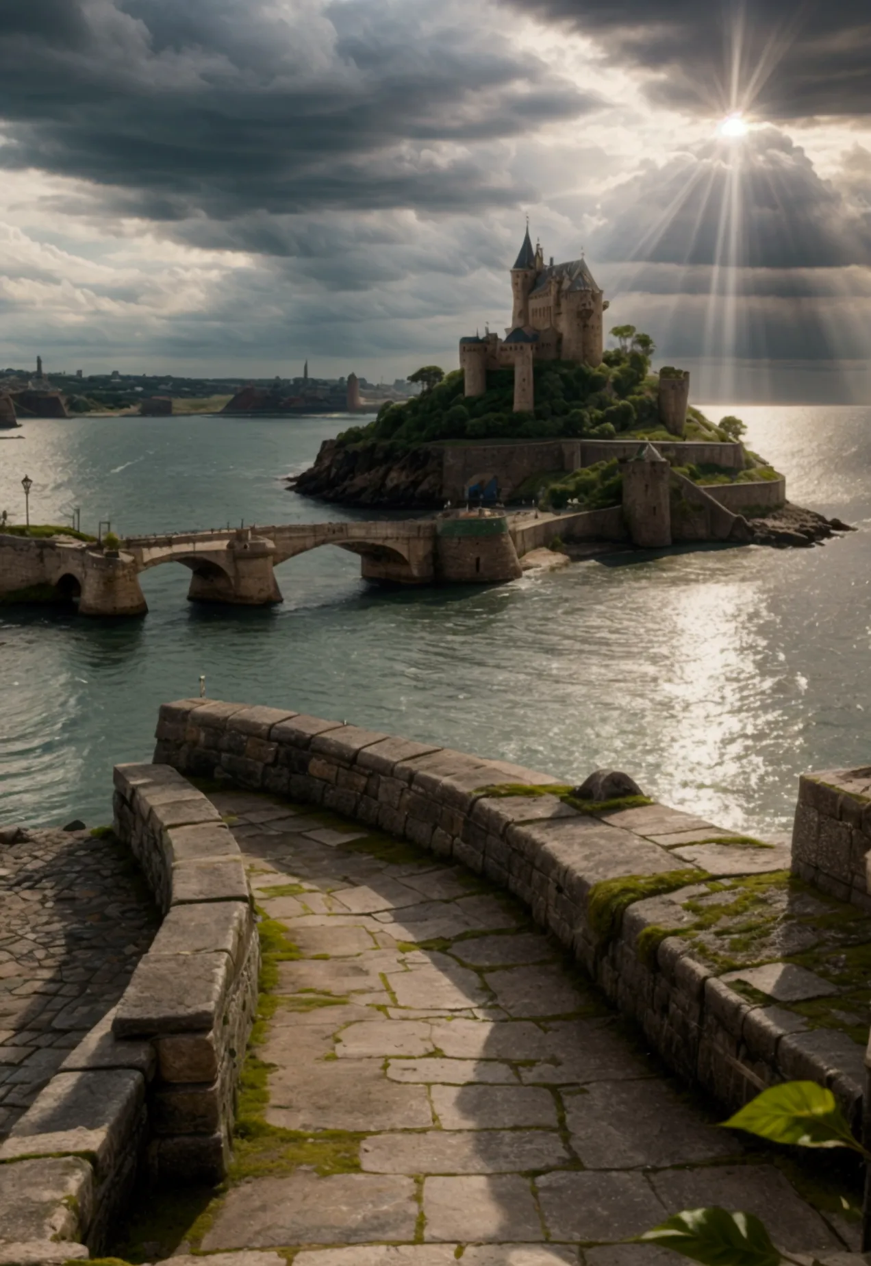 A medieval city with a fortress and a castle with a green flag on a cool rocky shore, with cloudy weather, and a pier with ships...