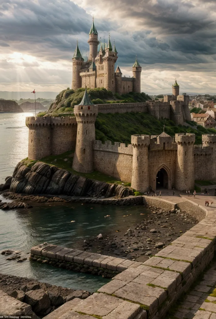 A medieval city with a fortress and a castle with a green flag on a cool rocky shore, with cloudy weather, and a pier with ships...