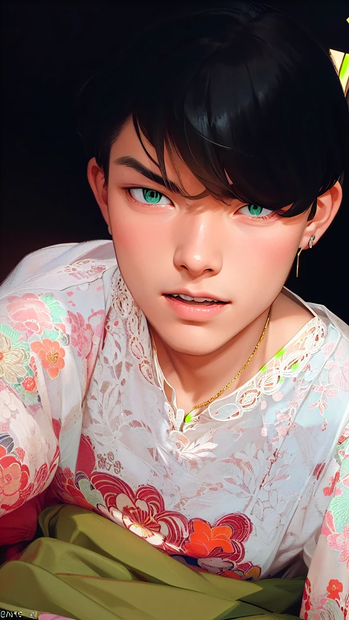 masterpiece, best quality, high quality, 1boy, solo, male focus, looking at viewer, chifuyu matsuno, blonde hair, short hair, earrings, jewelry, bangs, hair between eyes, single earring, green eyes, undercut, dress shirt, necktie, formal, wedding, groom, vest, blush