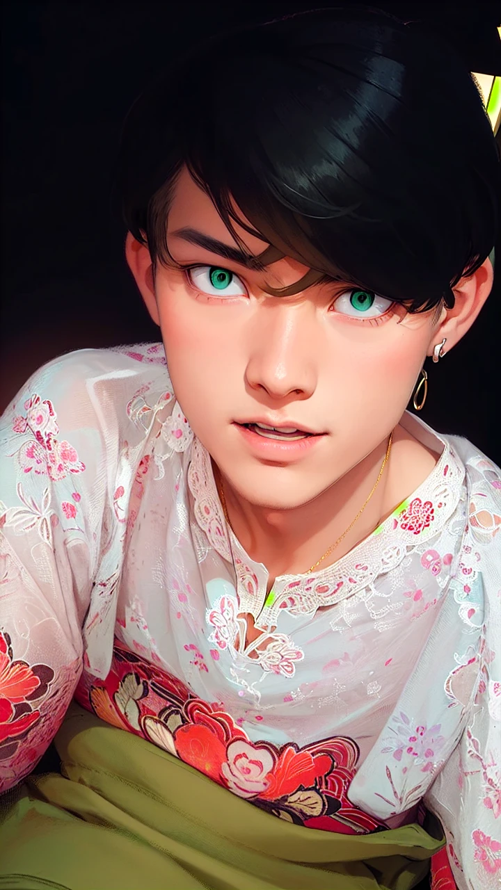 masterpiece, best quality, high quality, 1boy, solo, male focus, looking at viewer, chifuyu matsuno, blonde hair, short hair, earrings, jewelry, bangs, hair between eyes, single earring, green eyes, undercut, dress shirt, necktie, formal, wedding, groom, vest, blush