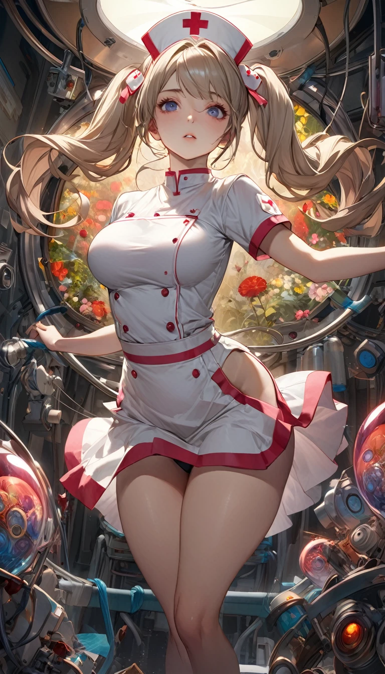 (mad scientist), 8k resolution, masterpiece, Highest quality, Award-winning works, unrealistic, Sexy Womanだけ, healthy body, Age 25, White wavy long hair, hair band, big firm bouncing chests, (Crazy Nurse), A terrifying sight, fear, Very detailed, Digital Painting, artステーション, コンセプトart, Smooth, Sharp focus, shape, artジャム、Greg Rutkowski、Alphonse Mucha、William Adolphe Bouguereau、art：Stephanie Law , operating room, Royal Jewel, nature, Full Shot, Symmetric, Greg Rutkowski, Charlie Bowwater, beep, Unreal 5, Surreal, Dynamic Lighting, ファンタジーart, Complex colors, Horrific scenes, Small face, Very delicate look, Delicate eye depiction, Upper body close-up,, erotic, dynamic sexy pose, Sexy Woman, Healthy body, 24-year-old female, doaxvv_Marie Rose, mad nurse, height: 150cm, Twin tails, To flap one&#39;s hair, Glaring at the camera, look up, Creepy Laughter, (mad look, Bloodshot eyes), (Bloody nurse uniform), Tight Skirt, stockings, pumps, Brandishing a scalpel