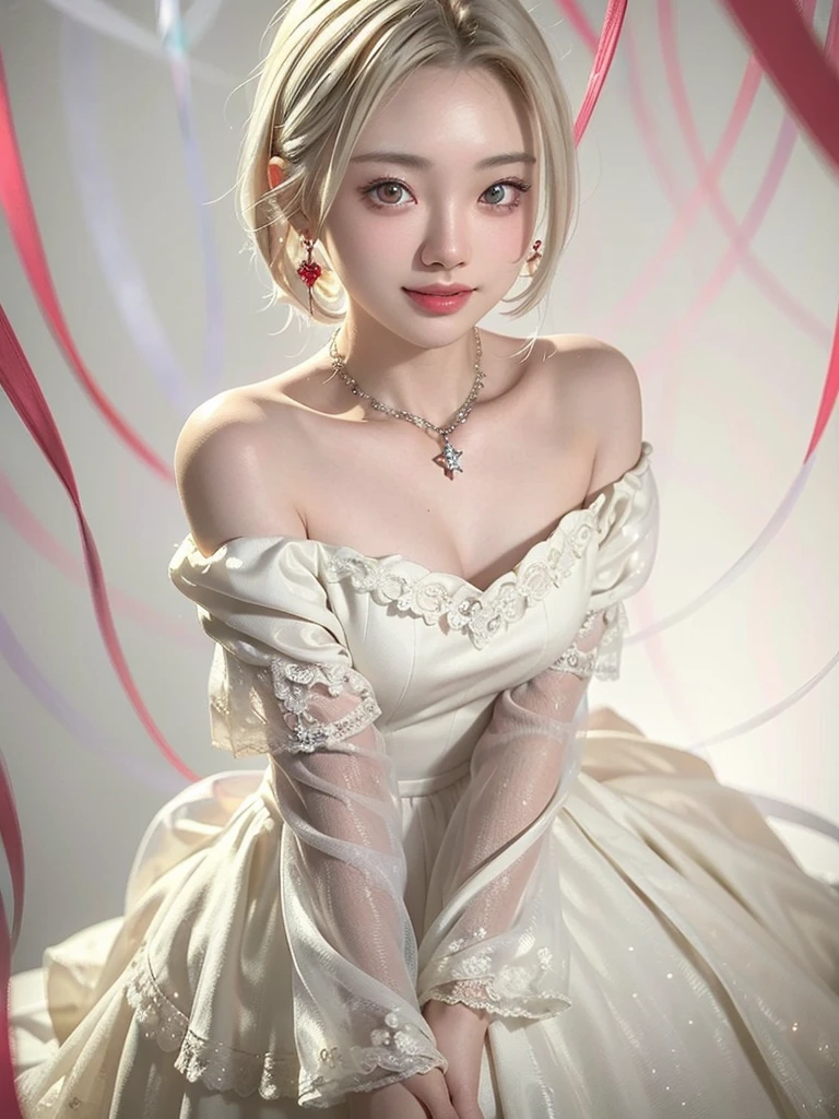 8k,Confused, High resolution, Very detailed, 1 girl, alone, Very beautiful eyes, Ultra-precise depiction, Artistic、Very detailed depiction, (Tangled:1.2), , (White high key background:1.5), (((Red off-shoulder dress 1.5))), 、 short hair、Earrings and Necklaces、Platinum Blonde Hair, (Glowing Skin), Many colors, , (Shooting from above:1.2),、Flat Body、slim、cute、、Round face、Cast a Shadow、、Smile 1.3