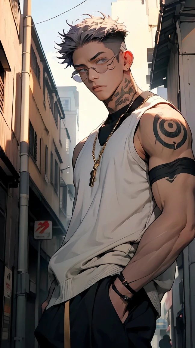 highest quality, 8K, high resolution image, anime style Jujutsu Kaisen, detailed strokes, bored look, blurry, purple light reflecting from it, (close angle), 1 man, male, model, (Ryomen Sukuna's Tattoos) ,Hand in pocket, cool guy, multicolored background with different geometric shapes, around stickers, muscular, grey hair, grey eyes, short hair hairstyle: undercut, puffy chest.  He is wearing a white he is wearing a sweater with rolled-up sleeves, and black sweatpants, black sweatpants and gold link chain, sunglasses, sweatpants, shaved body, hand in trouser pocket, gold link chain, sunglasses, background: City, big city streets