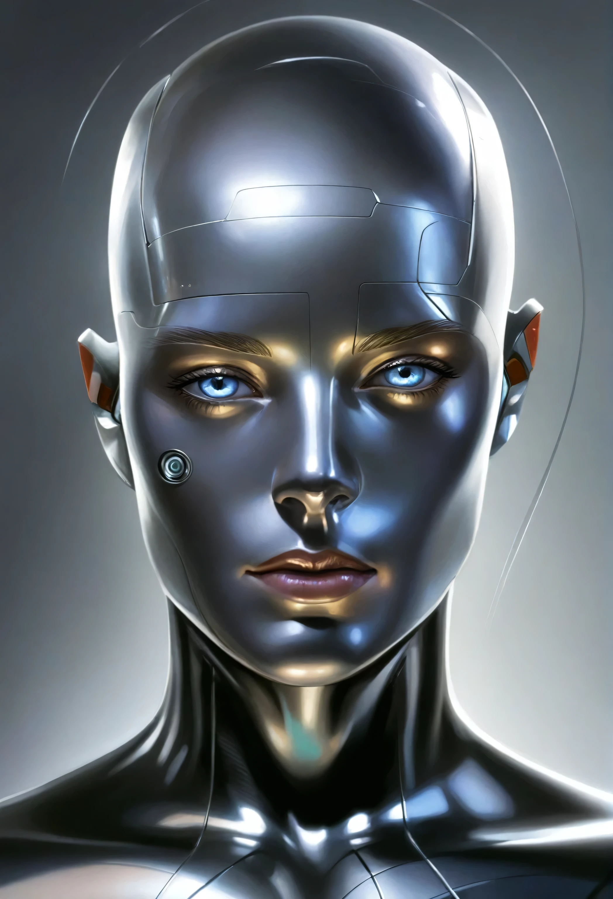 a close up of a person with a futuristic head and face, Detailed face of an android, detailed Portrait of a cyborg, Cyborg Portrait, portrait of an android, Portrait of a cyborg, Cyborg - girl, Robot Portrait, cybernetic machine female face, portrait of an android woman, robotic face, symmetry!! cyborg portrait, a portrait of an android