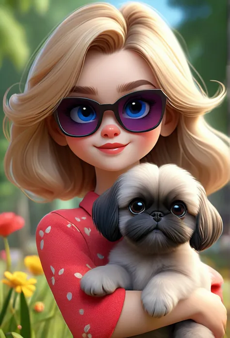 1 cute blonde girl with blue eyes wearing red sunglasses, red shirt, denim shorts, 2 small black shih tzu puppies with big brigh...