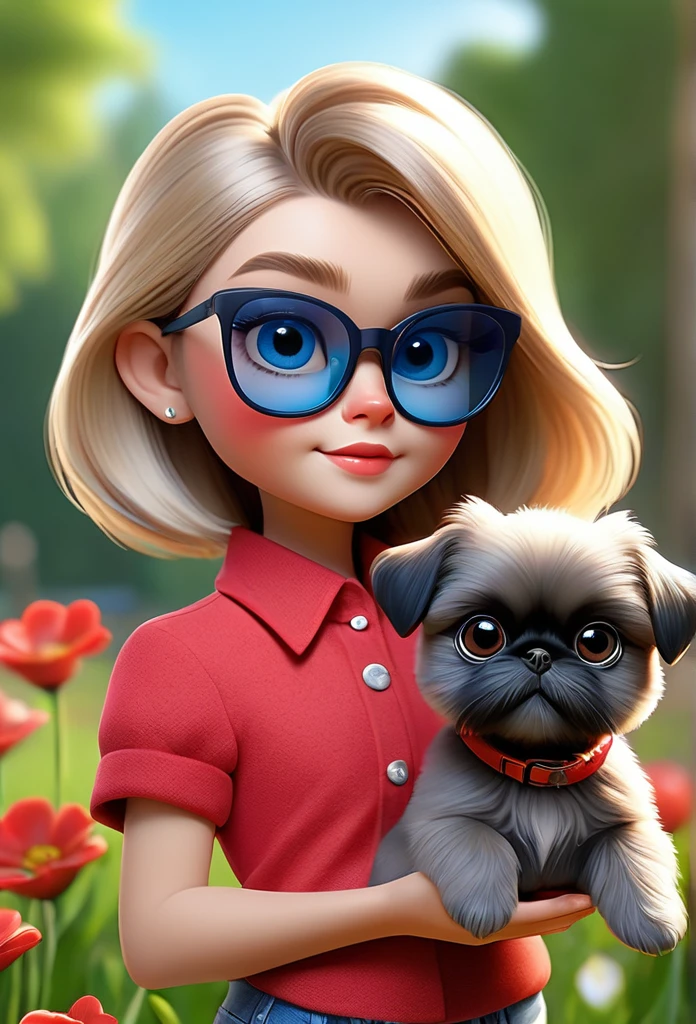 1 cute blonde girl with blue eyes wearing red sunglasses, red shirt, denim shorts, 2 small black Shih Tzu puppies with big bright blue eyes wearing red sunglasses walking at dog park, squirrels, bunnies, butterflies, flowers in background, 3D Pixar style, (best quality,4k,8k,highres,masterpiece:1.2),ultra-detailed,(realistic,photorealistic,photo-realistic:1.37),beautiful detailed eyes,beautiful detailed lips,extremely detailed eyes and face,long eyelashes,vivid colors,natural lighting,warm color tone,highly detailed background